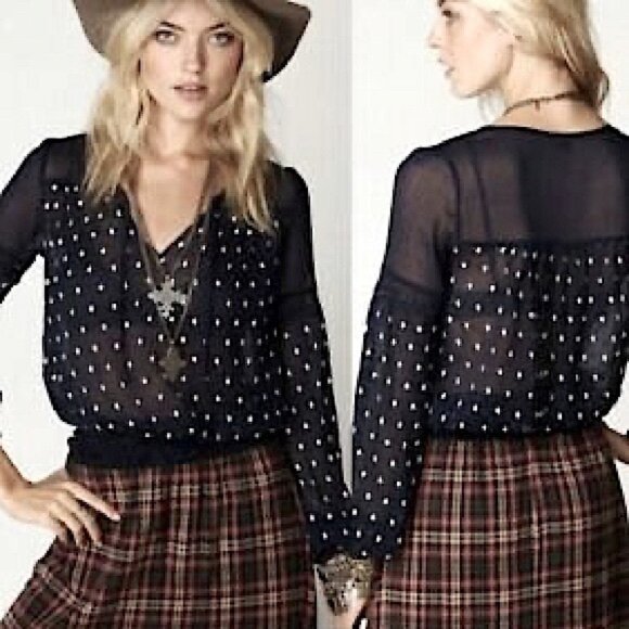 Free People Sheer Navy & White Polka Dot Blouse - Picture 8 of 8